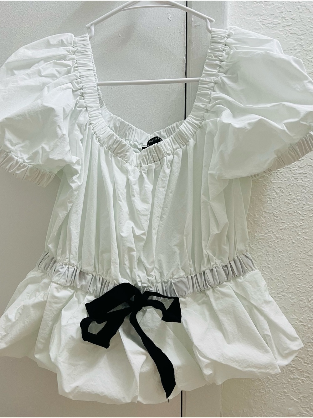 Forever 21 White Puff-Sleeve Peplum Top with Black Waist Tie